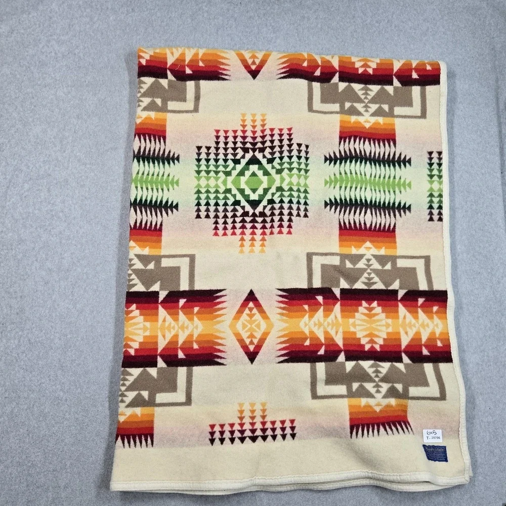 Pendleton Blanket 6x5 Beige Beaver State Wool Aztex Chief Joseph VINTAGE Throw